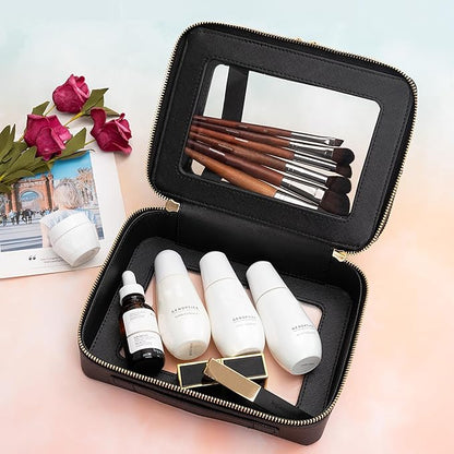 Aveniee Clear Makeup Bags,Double Layer Cosmetic Bags with Separate Brush Compartment,Large Travel Toiletry Bag Cosmetic Case,Travel Accessories Organizer for Women,2 Layers,Black