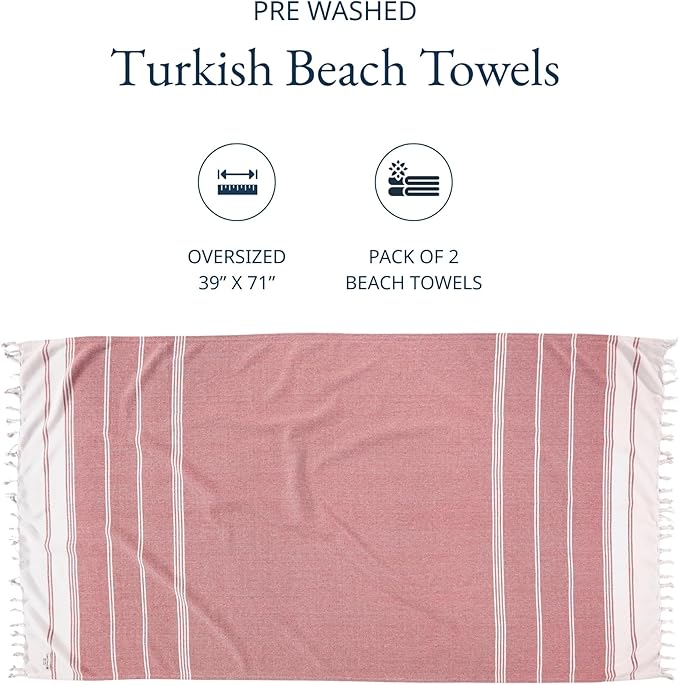 LANE LINEN Turkish Beach Towel 2 Pack, Oversized Beach Towel 39"x71", Lightweight Beach Essentials for Women, Large Pool Towel, Absorbent & Quick Dry, Sand Free Beach Towel - Hibiscus