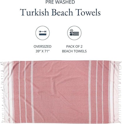 LANE LINEN Turkish Beach Towel 2 Pack, Oversized Beach Towel 39"x71", Lightweight Beach Essentials for Women, Large Pool Towel, Absorbent & Quick Dry, Sand Free Beach Towel - Hibiscus