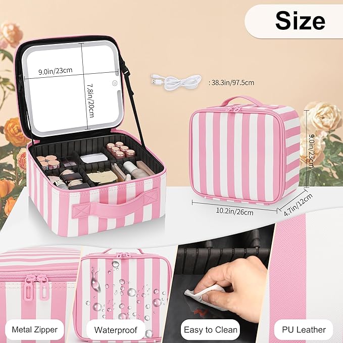 TANTO Makeup Bag With LED Mirror, Travel Makeup Case with Light up Mirror Large Cosmetic Case with 3 Color Lighted Portable Organizer Bag with Adjustable Dividers (Pink/White Stripes, Small)