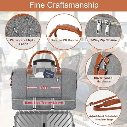 Weekender Bag for Women, Travel Duffel Bag Carry On Overnight Bag with Shoe Compartment Large Nylon Travel Weekend Tote Bag