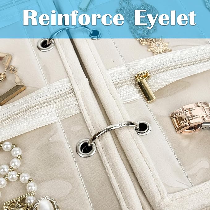 Travel Jewelry Organizer Case,Small Jewelry Bags for Traveling, Jewelry Binder with 24 Pcs Clear Zipper Velvet Pouches (Inner Pages,Beige,3 PCS)