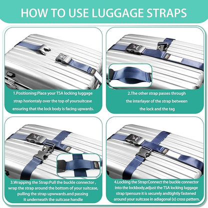 Cross Luggage Strap Belt for 20"-32" Suitcase with TSA Approved 3-Dial Combination Lock Wide Adjustable Packing Straps Travel Accessories, Blue