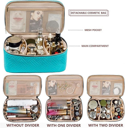 AMOIGEE Large Makeup Bag, Travel Makeup Bag Organizer, Double Layer Train Case Makeup Bag, Toiletry Bag for Makeup Brushes, Full Size Bottles, Palettes Sponge, Cosmetic Organizer