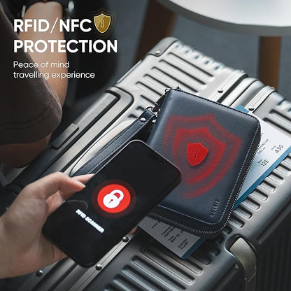 VULKIT Passport Holder for Travel with Airtag Slot, Premium Nappa Leather, RFID Blocking, Zipper Closure with Wrist Strap, Travel Document Organizer