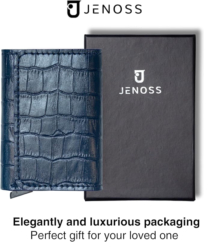 Jenoss Smart Wallet For Men: Full Grain Leather, Handcrafted, Slide Metal Pop Up Case, Slim RFID Blocking Credit Card Holder, Minimalist, Compact, 6-8 Cards Organizers, Front Pocket, Money Clip (Navy)