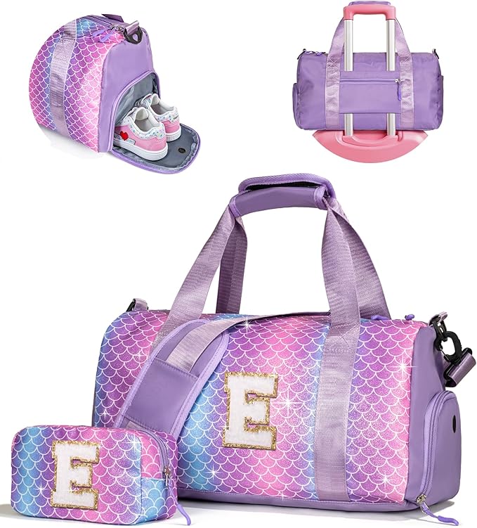 Stocking Stuffers for Girls-Birthday Gifts for 4 5 6 7 8 9 10 11 12 13 Year Old Girls-Girl Gym Bag with Shoe Compartment, Dance Bags with Makeup Pouch, Preppy Things for Grandkids (Letter E)