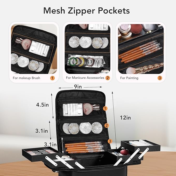 Stagiant Makeup Train Case, Nail Bag Organizer Case, Makeup Box Organizer, 4 Tier Large Travel Makeup Case with Compartments/Shoulder Strap for MUA/Manicure/Tattoo/Eye Lash Extension,Black