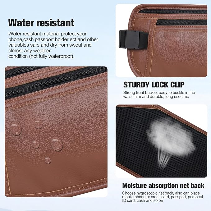 PU Leather Money Belt - Passport Holder Secure Hidden Travel Wallet with RFID Blocking, Undercover Fanny Pack(Brown)