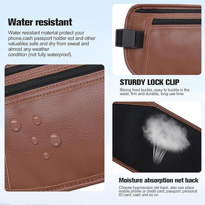 PU Leather Money Belt - Passport Holder Secure Hidden Travel Wallet with RFID Blocking, Undercover Fanny Pack(Brown)