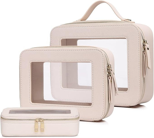 Pinkmik Clear Makeup Bag with Brush Bag 3pcs Waterproof Travel Case for Cosmetics and Toiletries Women's Makeup Organizer with Zipper (Beige, L+M+SLIM)