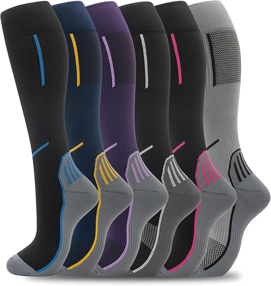 fenglaoda Compression Socks Women Men 6 Pairs, Knee High Best Support Circulation Socks for Running, Travel, Flight, Nurse