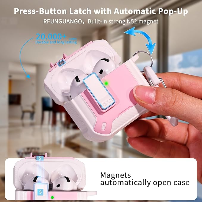 RFUNGUANGO Compatible AirPods 4th Generation Protective Case with Phone Holder and Compatible Back Magnetic Suction Function, Suitable for AirPods 4th Case-White + Pink