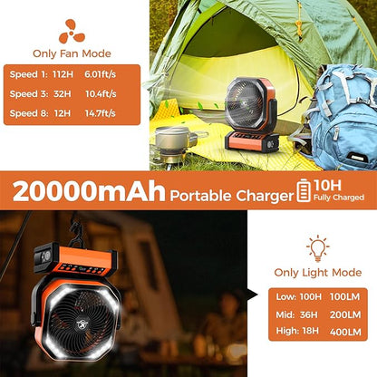 Camping Fan with Light - 20000mAh Rechargeable Battery Fan, 112Hrs Max Run Time, 8 Speeds, Digital Display, Timer, Auto Oscillation, 270° Pivot & Hook for Camping, Power Outage, Hurricane (Orange)