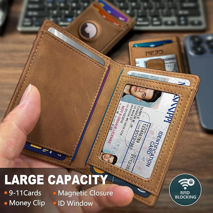 Airtag Wallet for Men- with Money Clip Gift Boxed, Magnetic Closure Slim Genuine Leather Front Pocket Wallet, 4.1"x 2.8", RFID Blocking