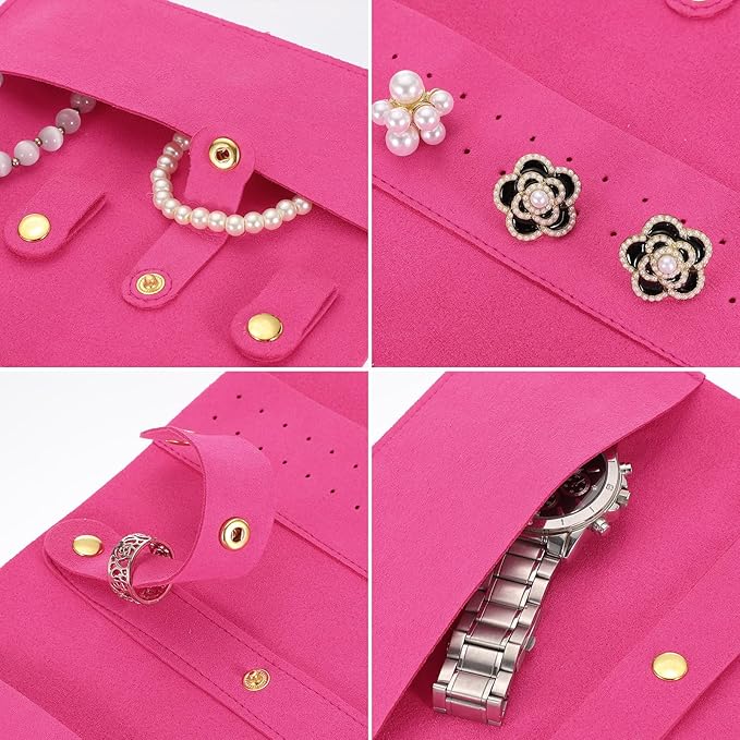 uxcell Travel Jewelry Bag Roll, Foldable Jewelry Travel Organizer with Tie Close Microfiber Jewelry Storage Roll Jewelry Case for Women Gift Necklaces Earrings Rings Bracelets, Rose Red