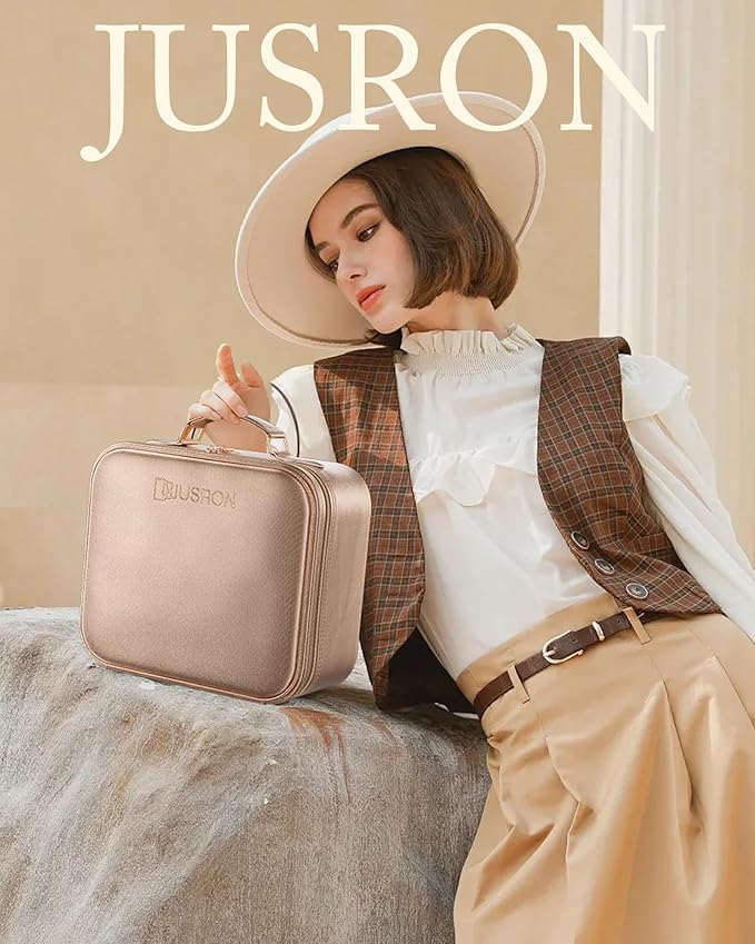 JUSRON Travel Makeup Bag With LED Mirror, Cosmetic Train Case with Light up Mirror, Portable Makeup Artist Organizer Bag with Adjustable Dividers, Makeup Brush Holder Storage (Rose Gold, Medium)