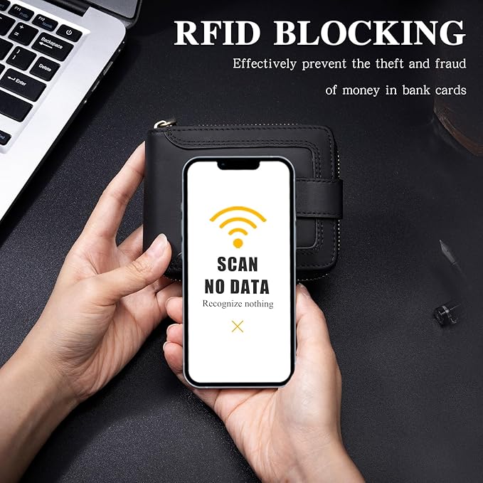 Genuine Leather Zipper Wallet for Men RFID Blocking Large Capacity Classic Wallet with Coin Pocket ID Window, Black