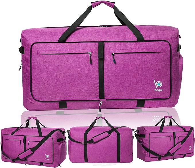 Bago Big XXL Foldable Duffel Bags for Traveling Women & Men - 140L Packable Duffle Bag for Travel with Shoe Compartment - Water Repellant, Heavy Duty, Lightweight Folding & Collapsible (SnowPink)