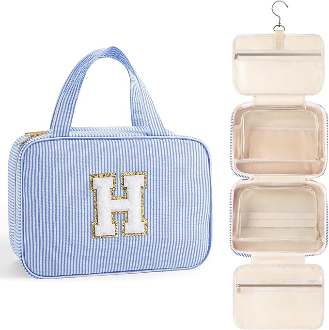 TOPEAST Travel Toiletry Bag for Women - Hanging Toiletry Bag, Personalized Initial Toiletry Bags for Traveling Women, Portable Travel Toiletry Bag for Toiletries, Cosmetics - Letter H, Blue