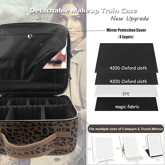 MOMIRA Makeup Train Case Makeup Bag with Light up Mirror Cosmetic Bag Organizer Detachable Portable Travel Makeup Case with Adjustable Dividers Makeup Brushes Storage, Waterproof,Leopard-Dark brown