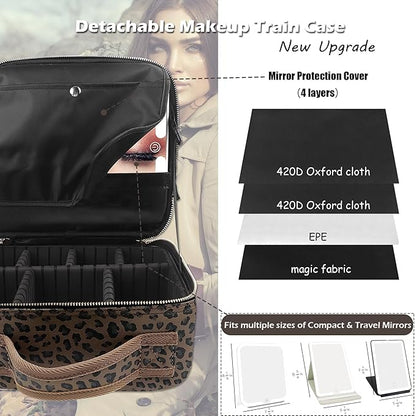 MOMIRA Makeup Train Case Makeup Bag with Light up Mirror Cosmetic Bag Organizer Detachable Portable Travel Makeup Case with Adjustable Dividers Makeup Brushes Storage, Waterproof,Leopard-Dark brown