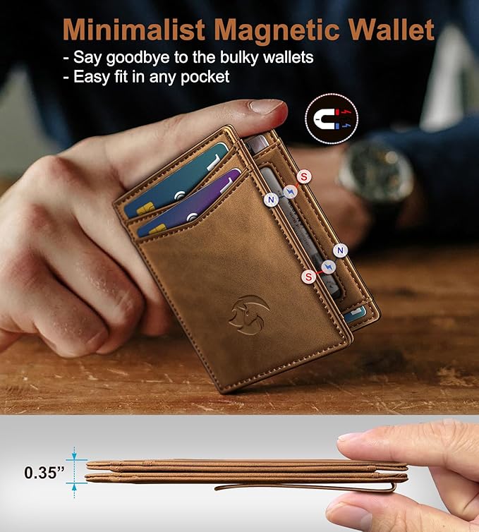 Magnetic Closure Slim Wallet for Men with Money Clip Gift Boxed,Genuine Leather Front Pocket Wallet, 3.9"x 2.7", RFID Blocking