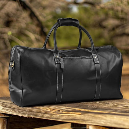 Leather Village Leather Duffel Bags for Men & Women-Stylish Travel Weekender Carry-On Sports Gym Overnight Luggage Bag - 20 Inch - Black