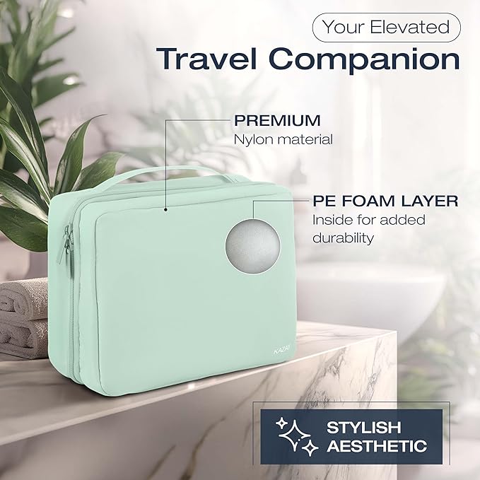 KAZAY Hanging Toiletry Bag with TSA Approved Detachable Pouch, Travel Toiletry Bag, Water Resistant, Premium Nylon, Full-Size Bottles, Travel Size Toiletries, Cosmetic Bag, Unisex (Sage Green)