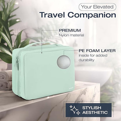 KAZAY Hanging Toiletry Bag with TSA Approved Detachable Pouch, Travel Toiletry Bag, Water Resistant, Premium Nylon, Full-Size Bottles, Travel Size Toiletries, Cosmetic Bag, Unisex (Sage Green)