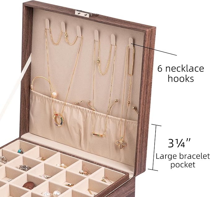 Frebeauty Earring Organizer Classic Jewelry Box 50 Slots Double Layer Jewelry Storage Case with 6 Necklace Hook and Bracelet Pocket(Tree Brown)