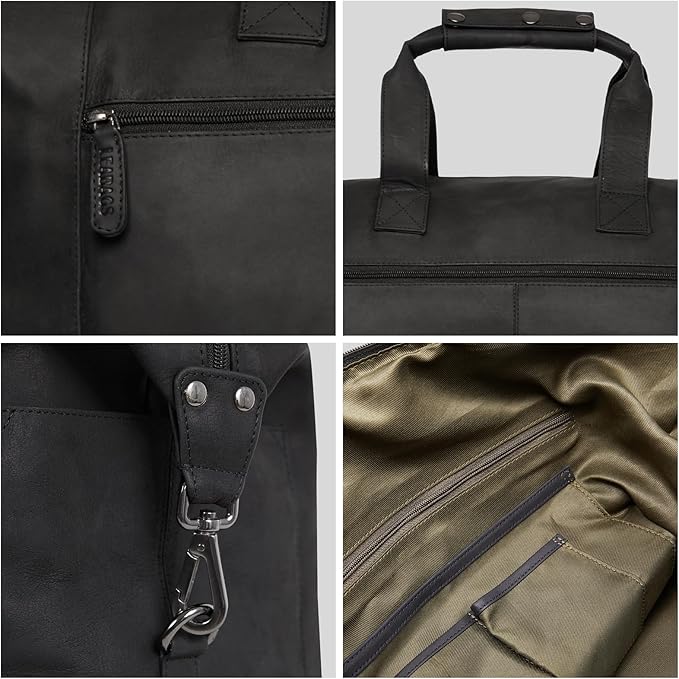 Leabags Leather Weekender | Genuine Leather Premium Travel Bag | 41L Sports Duffle Gym Training Airplane Bag | Large | Natural Black | Women & Men