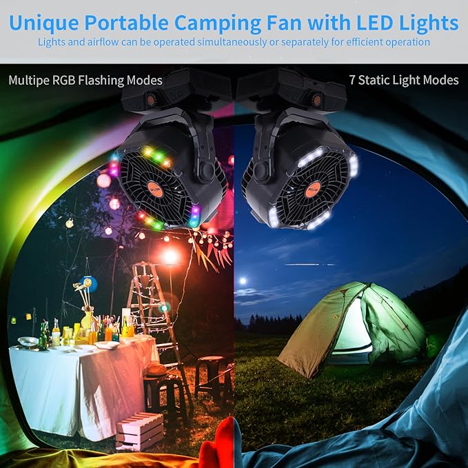 Camping Fan 20000mAh Rechargeable Battery Operated fan Outdoor Tent Fan with Light & Hook 270° Pivot, knob Speeds, Personal USB Desk Fan for Camping Power Outage Jobsite Black X68