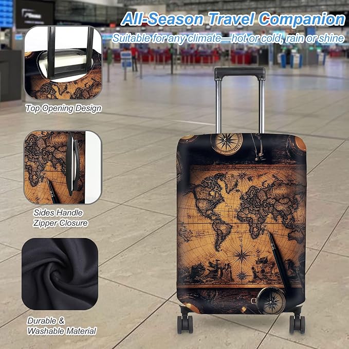 Luggage Cover Protector for 26-28 Inch Suitcases, TSA Approved Elastic Travel Suitcase Covers, Anti-Scratch Washable Luggage Sleeve for Carry On & Checked Bags, Old Map