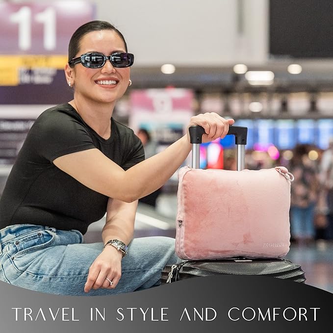 Travel Pillow and Blanket Set - 4-in-1 Ultimate Travel Kit with Memory Foam Pillow, Travel Blanket, Sleep Mask, and Earplugs-Ultimate Comfort and Coziness for Your Journeys - Pink