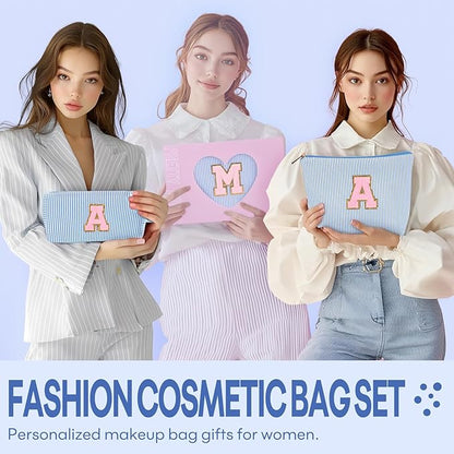 mibasies 2 PCS Initial Makeup Bags for Women: - Birthday Gifts for Teen Girls 11 12 13 14 15 16 Years Old - Preppy Trendy Stuff - Cosmetic Bag for Travel Toiletry - Blue K
