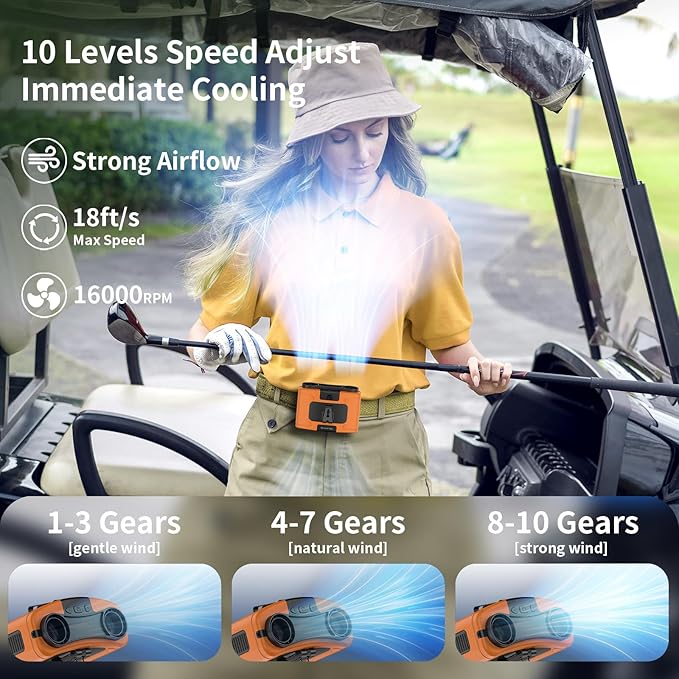 Socool 10000mAh Portable Waist Fan Clip on Wearable Belt Personal Fans Rechargeable Battery Operated, 20H Cooling with 10 Speeds & Dual Motors,Neck Hanging Hands-Free for Outdoor Travel Power Bank