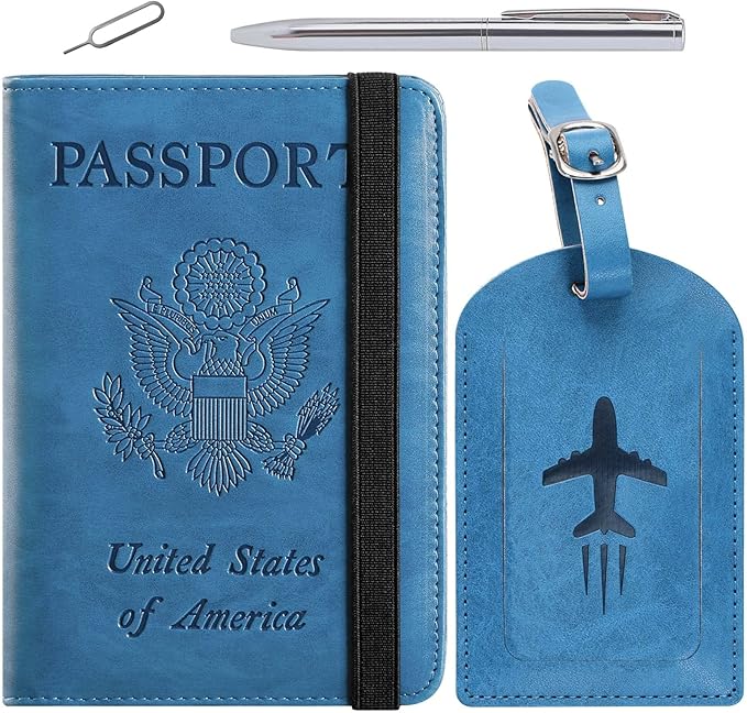 Passport Holder With Luggage Tag Travel Essentials Passport Cover Wallet RFID Blocking Leather Case International Must Haves Travel Accessories Women Men(115#Blue)