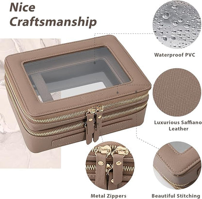 Aveniee Large Clear Makeup Bags, Double Layer Cosmetic Bags with Separate Brush Compartment,Travel Toiletry Bag Train Case,Travel Accessories Organizer for Women,2 Layers,Brown