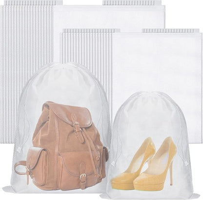Woanger 40 Pcs Dust Proof Drawstring Purse Storage Bag Breathable Non Woven Fabric Shoe Bag Dust Bags for Handbags Nonwoven Cloth Storage Pouch Cover for Shoe Boots Purse Travel Organizer, White