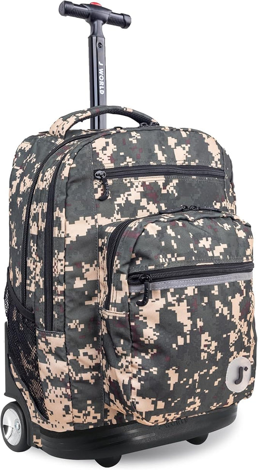 J World Sundance Laptop Rolling Backpack for Girls Boys. Roller Bookbag with Wheels, Green Camo