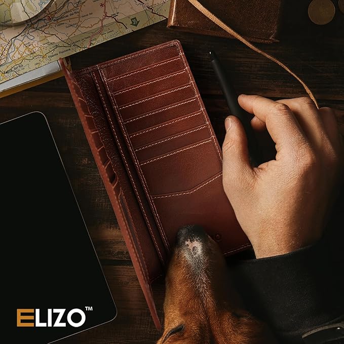 ELIZO Men's Genuine Leather Long Wallet - RFID Blocking Rodeo Checkbook Wallet | Slim Western Bifold Wallet with 16 Card Slots, ID Window | Top Grain Leather Cowboy Wallet