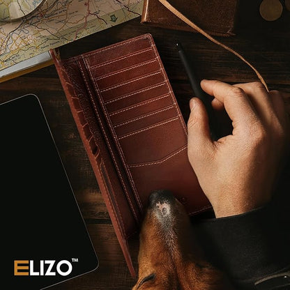 ELIZO Men's Genuine Leather Long Wallet - RFID Blocking Rodeo Checkbook Wallet | Slim Western Bifold Wallet with 16 Card Slots, ID Window | Top Grain Leather Cowboy Wallet
