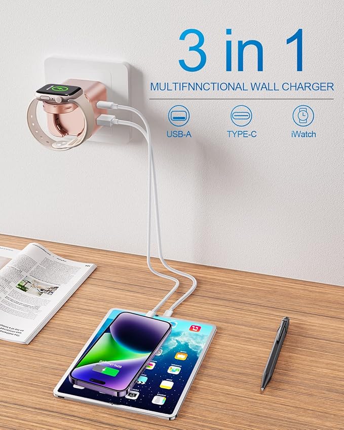 36W for Apple Charging Block with Built-in Watch Charger, Foldable PD Fast Charger Block for iPhone, Dual Ports Wall Charger Compatible with Apple Watch iPhone AirPods(Rose Gold)