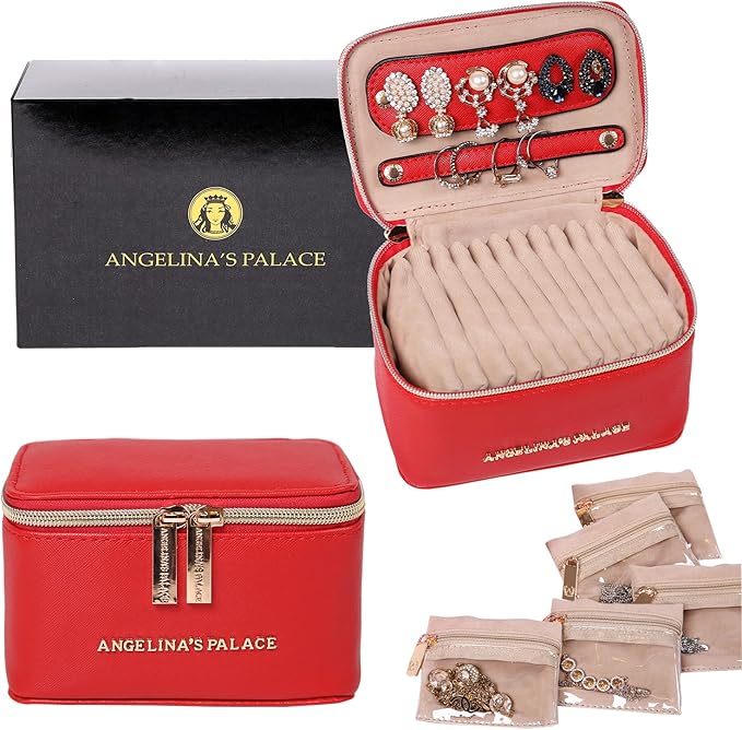 Angelina's Palace Jewelry Organizer Case Bridesmaid Gifts Travel Bag Vegan Leather Box for Necklace Earring Bracelet Ring(bright red)