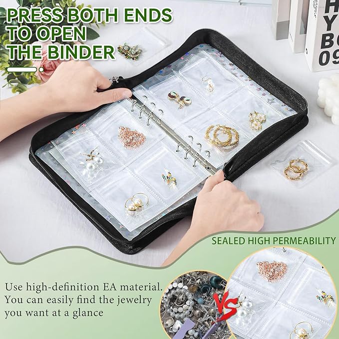 Earring Organizer Case Travel Jewelry Storage Book Clear with Small Zippered Pouch (Black, With 80 Pcs small Jewelry Pouches)