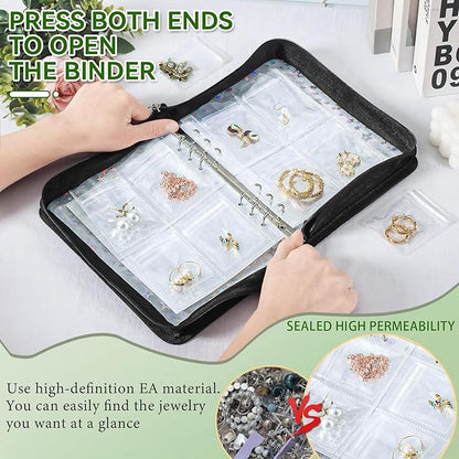 Earring Organizer Case Travel Jewelry Storage Book Clear with Small Zippered Pouch (Black, With 80 Pcs small Jewelry Pouches)