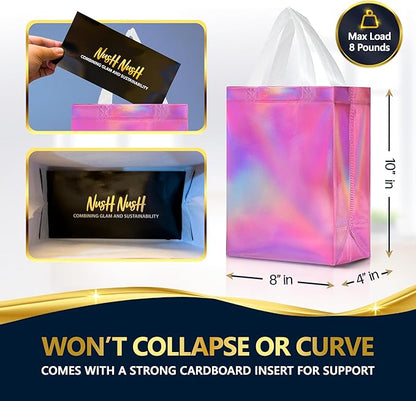 Nush Nush Pink Iridescent Gift Bags Bulk Medium Size – Set of 60 Reusable Holographic Pink Gift Bags Bulk With Handles - For Small Business, Bridal Shower, Birthday Party Favor, Christmas – 8x4x10