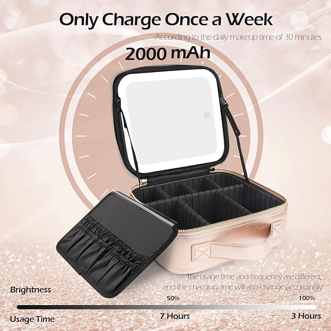MOMIRA Travel Makeup Bag Cosmetic Bag Makeup Organizer Bag with Lighted Mirror, Adjustable Brightness in 3 Color Scenarios, Waterproof Makeup Train Case, Gift for Women - Champagne