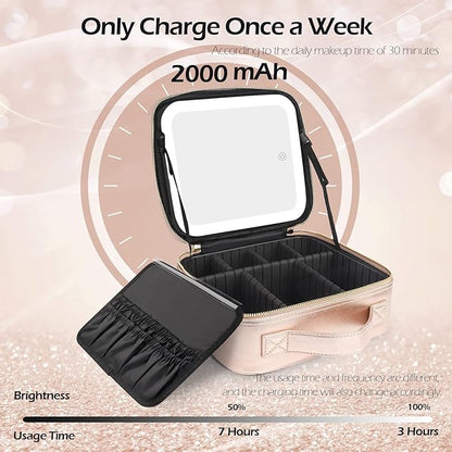 MOMIRA Travel Makeup Bag Cosmetic Bag Makeup Organizer Bag with Lighted Mirror, Adjustable Brightness in 3 Color Scenarios, Waterproof Makeup Train Case, Gift for Women - Champagne